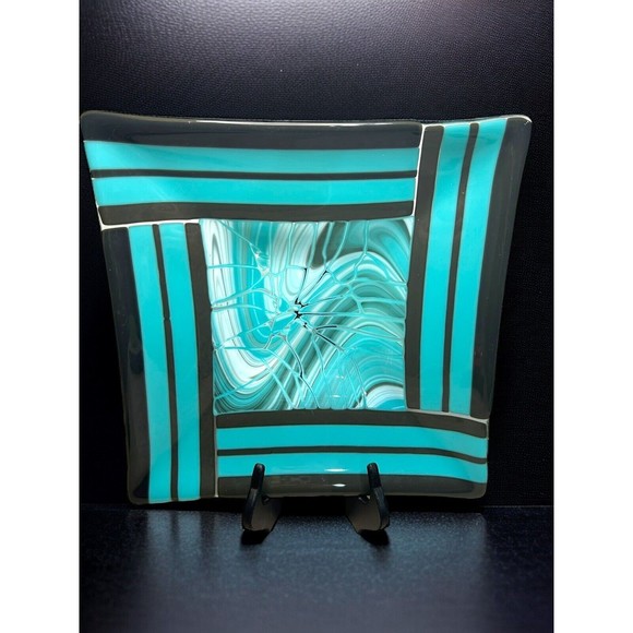Fused Art Glass Dish Tray Catchall Abstract Crackle Square Teal Gray 11.5” - Picture 1 of 9